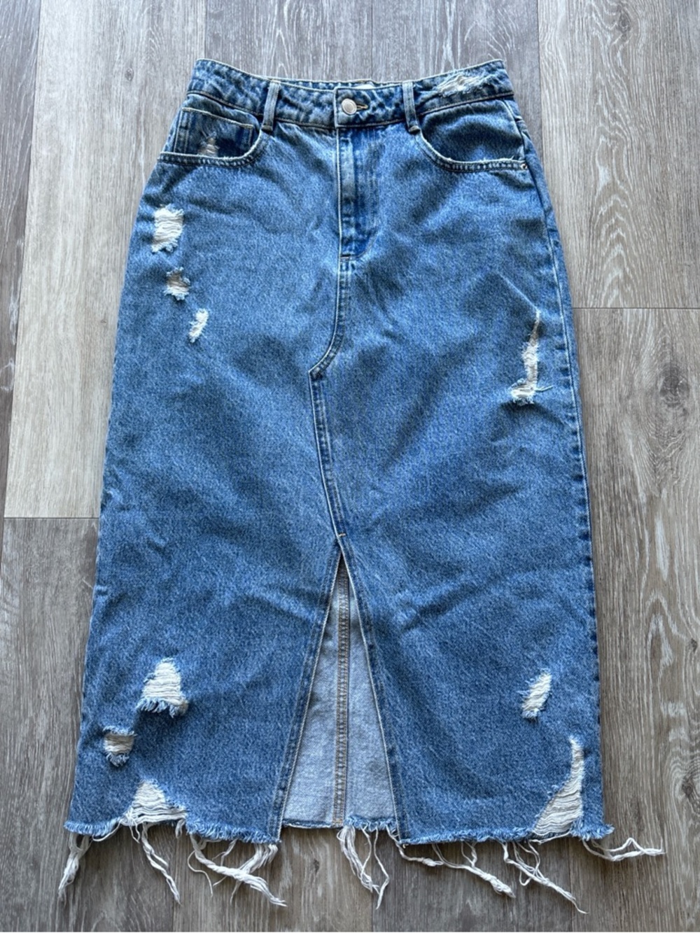 Zara Blue Denim Distressed Front Slit Midi Jean Skirt Size S